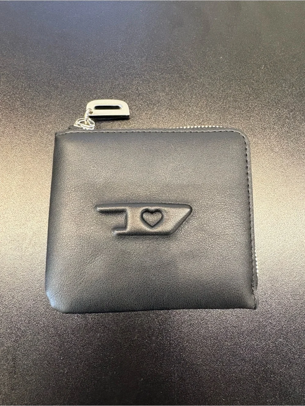 Diesel Black Leather Zip Card & Key Holder with Embossed Logo